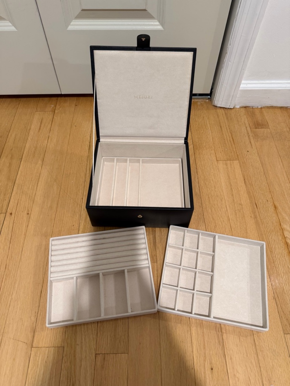 Mejuri Black Jewelry Organizer Box with Cream Velvet Trays
